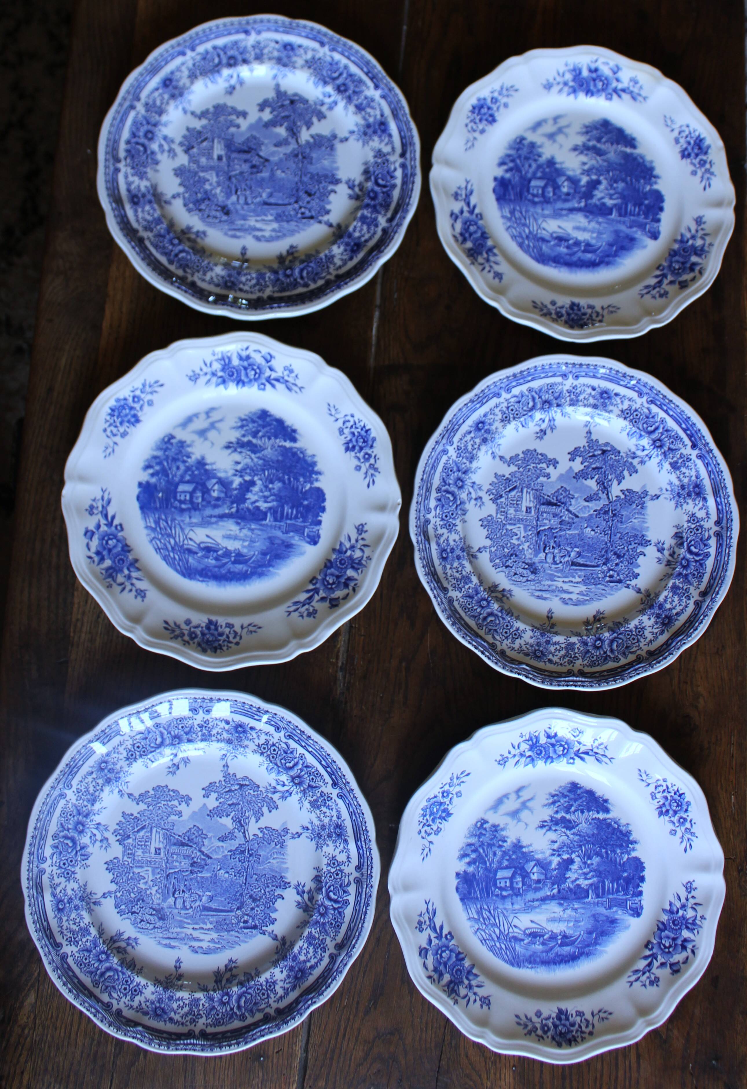 6 romantic blue Lunéville Sarreguemines dinner plates