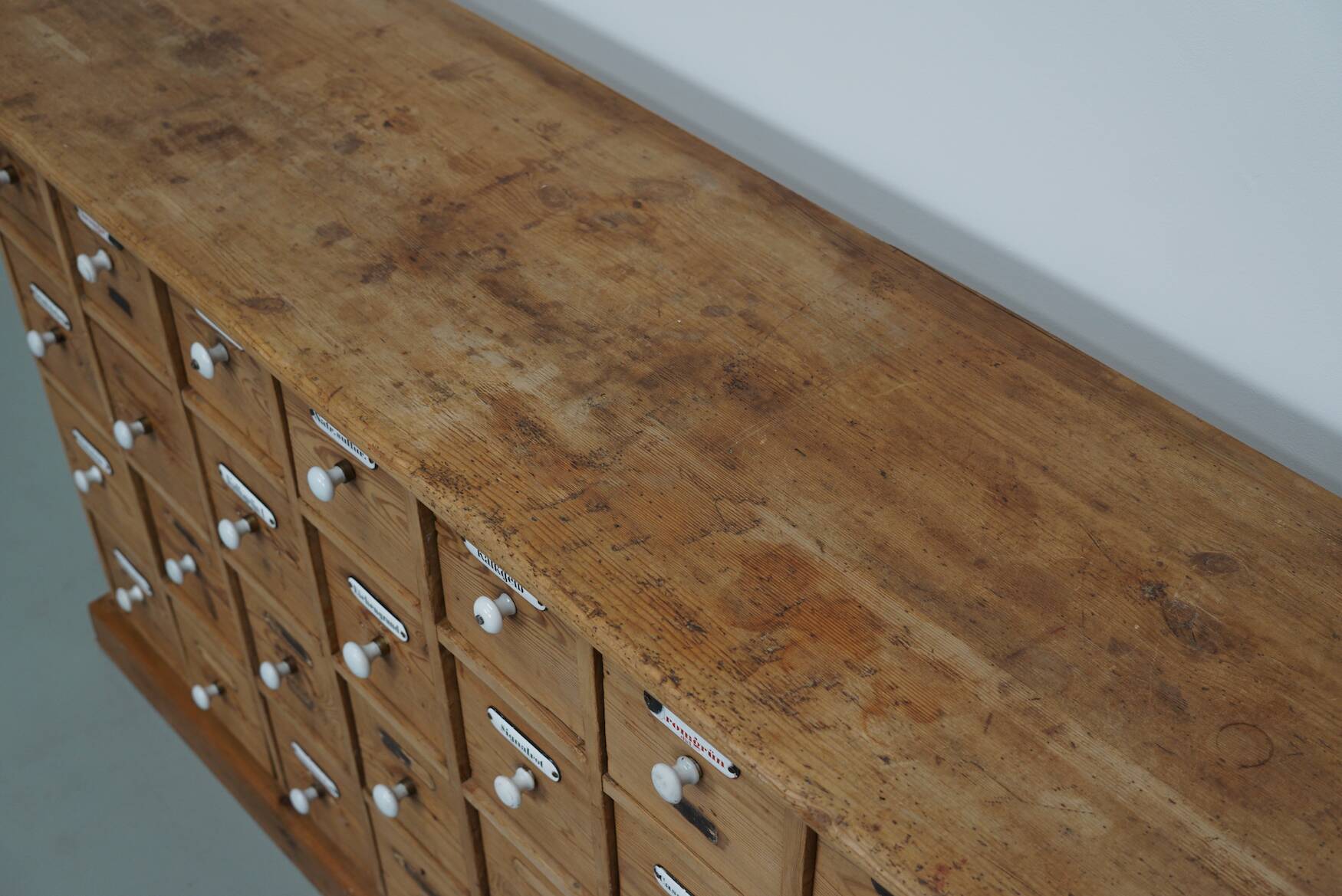 Antique German Pine Apothecary Cabinet with Enamel Shields, 1900s