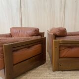 Pair of Cognac Leather Club Armchairs & Wood - Italian Design - 1970s