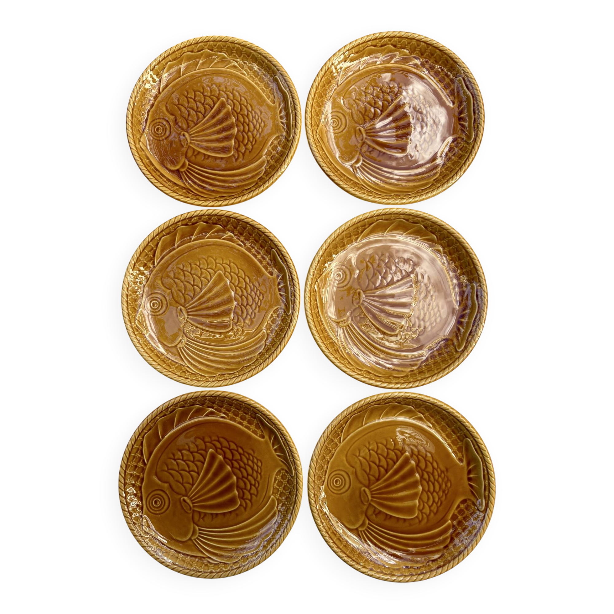 6 large barbotine plates gien fish