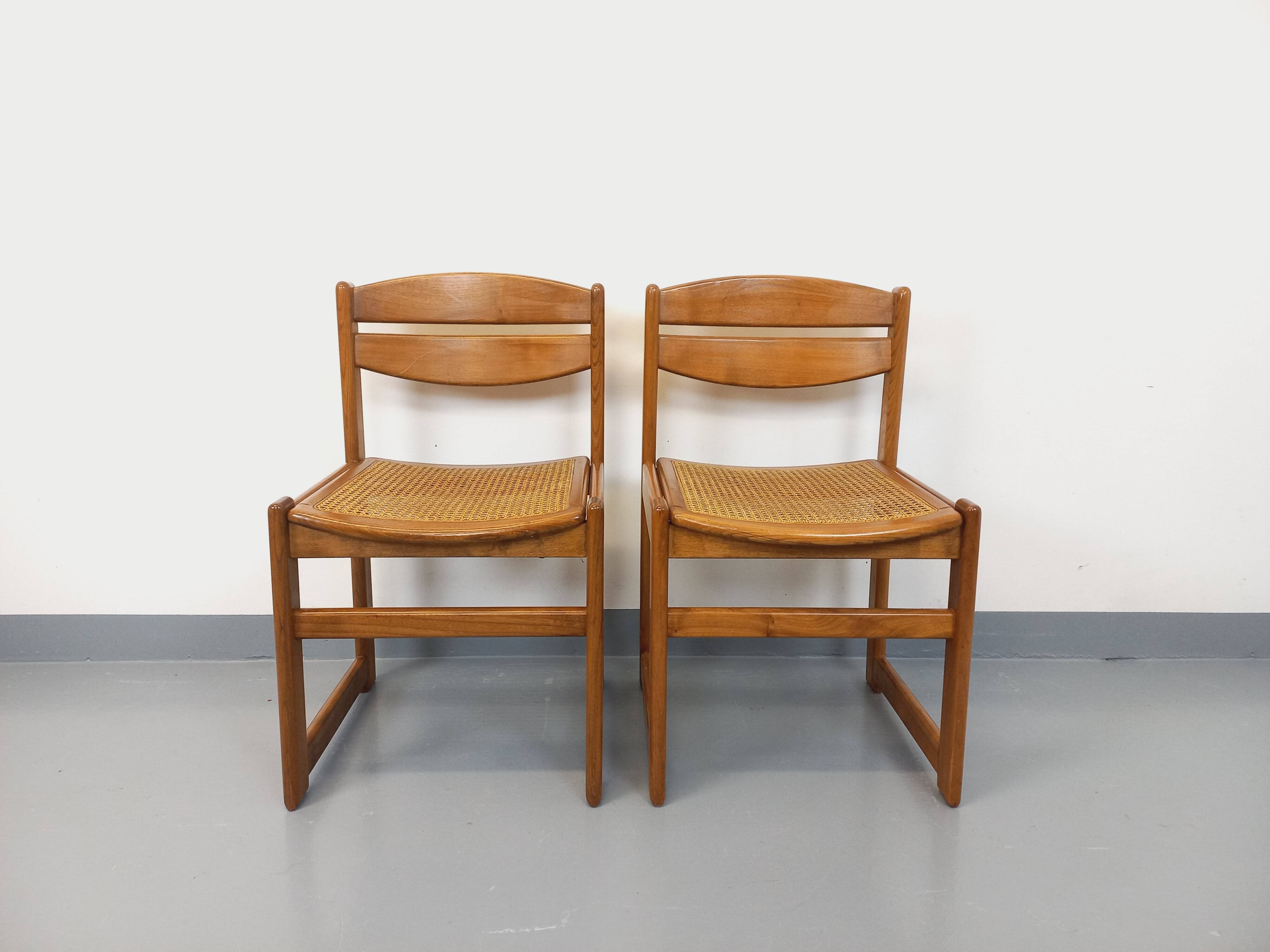 Pair of vintage sleigh chairs in beech wood and cane from the 70s