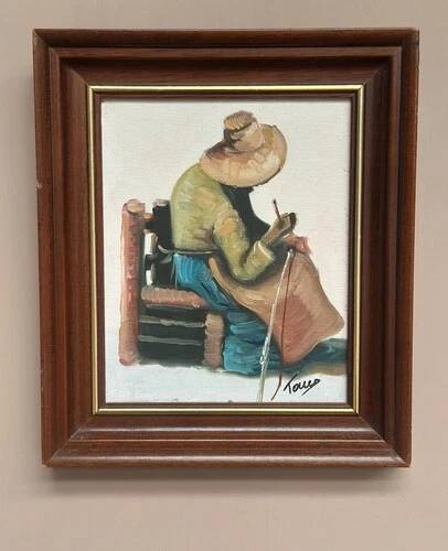 Original Swedish Oil on canvas “Basket-Making Woman” Signed & Framed 27×33cm