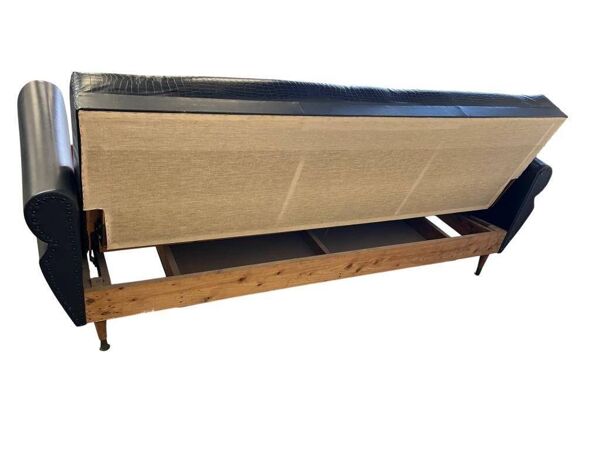 Canapé vintage noir et rouge / trois places / canapé-lit