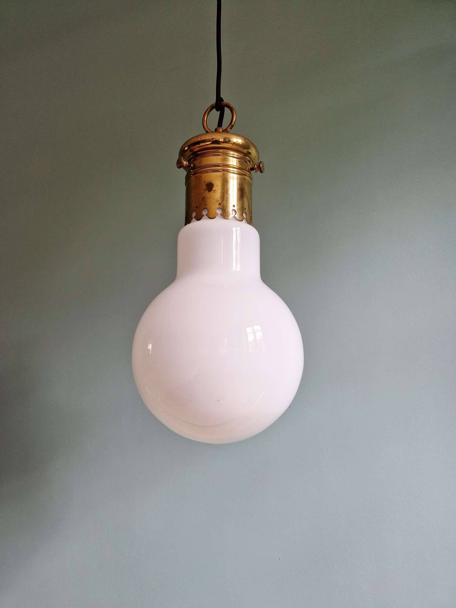 Large bulbous pendant light in white opaline and brass