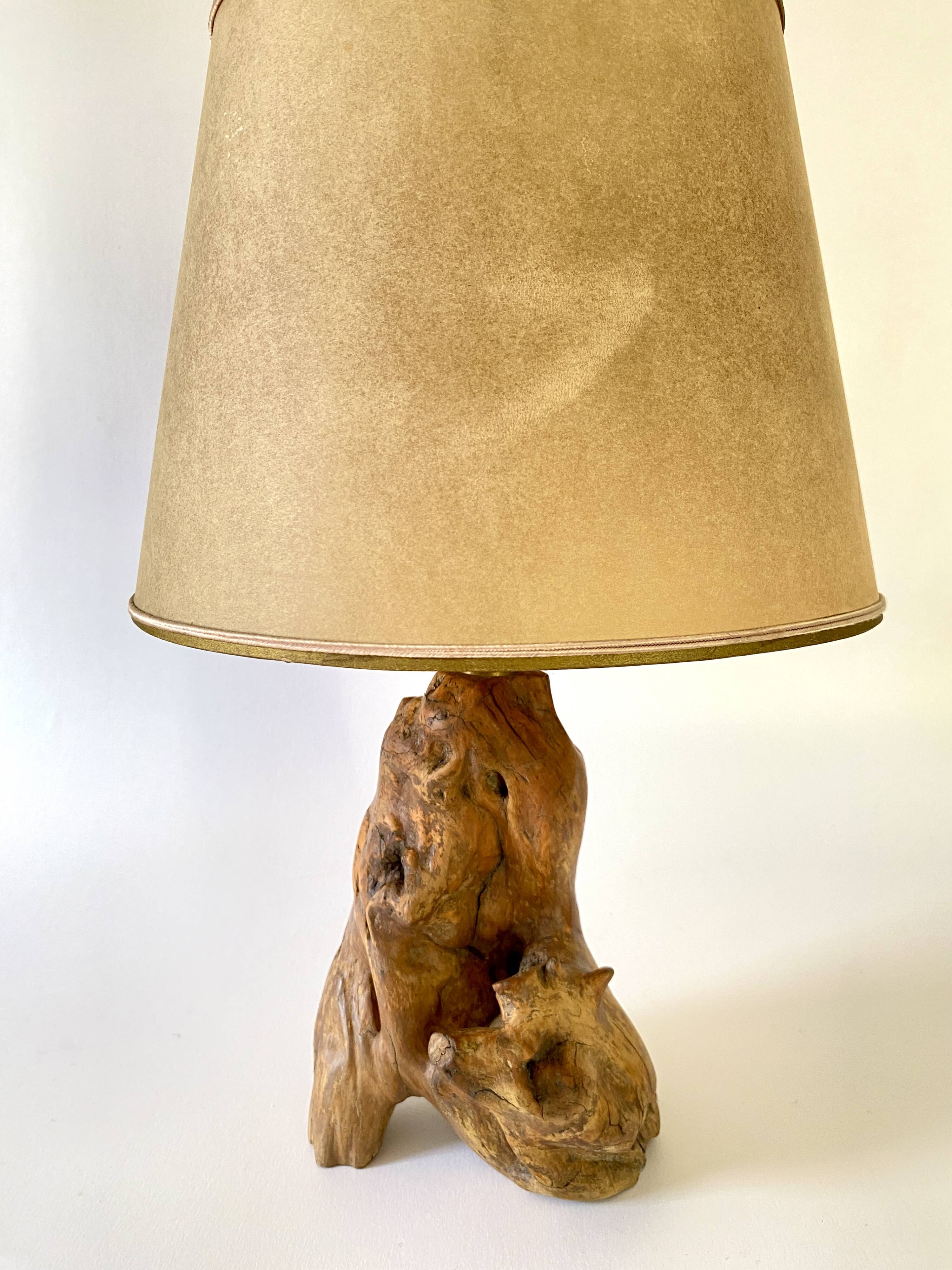1950s wooden lamp, recent 2M fabric cable, tracing lampshade