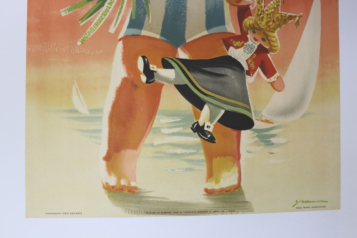 Original poster Oslo Norway doll 1962 Yran Knut boat beach travel railway tourism