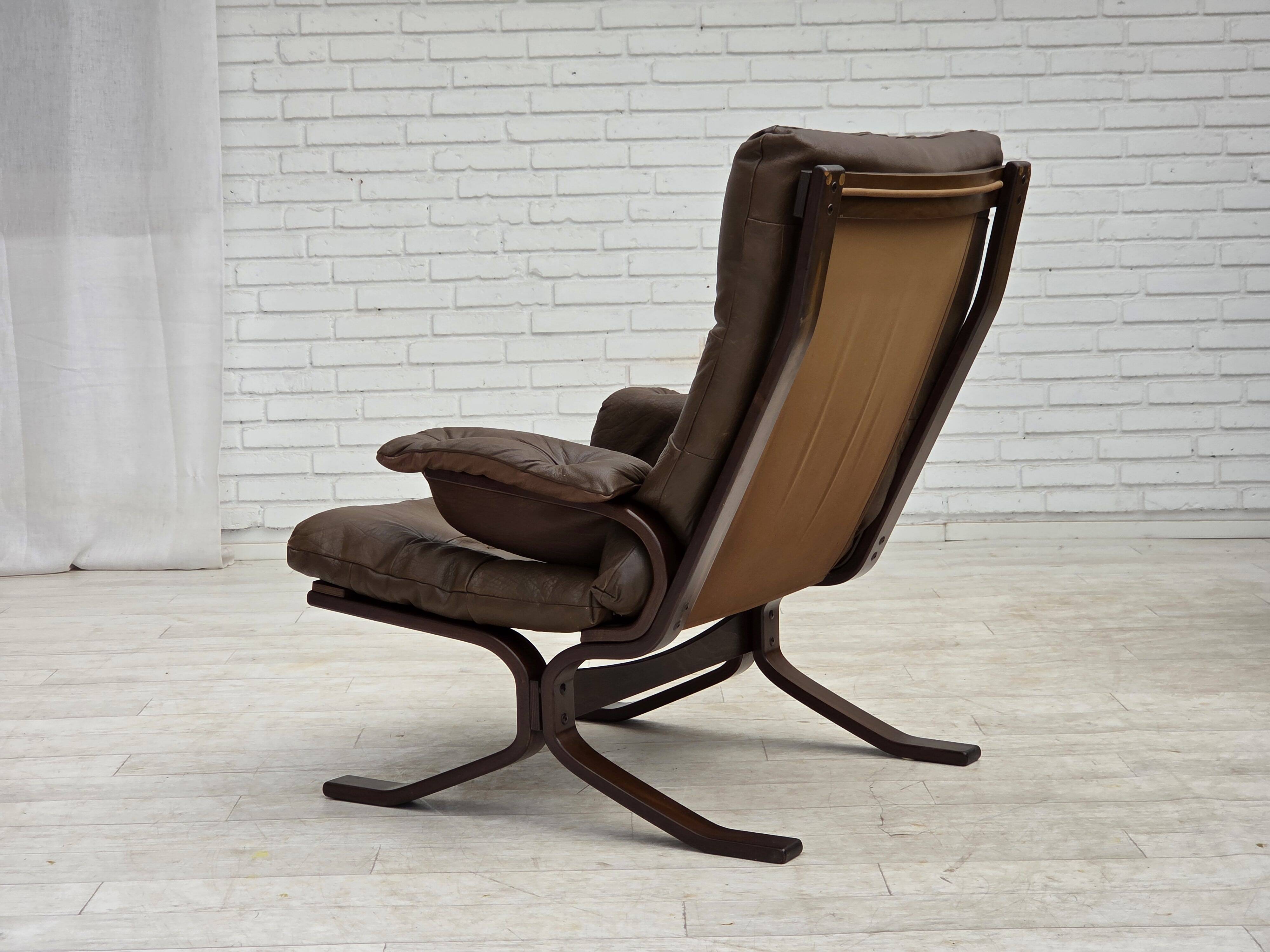 Fauteuil en cuir de meuble marron, années 1970, design scandinave,