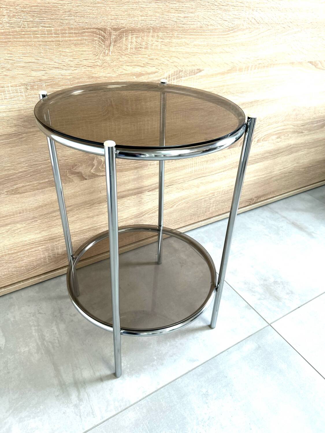Round console 1970 chrome tube and smoked glass perfect condition