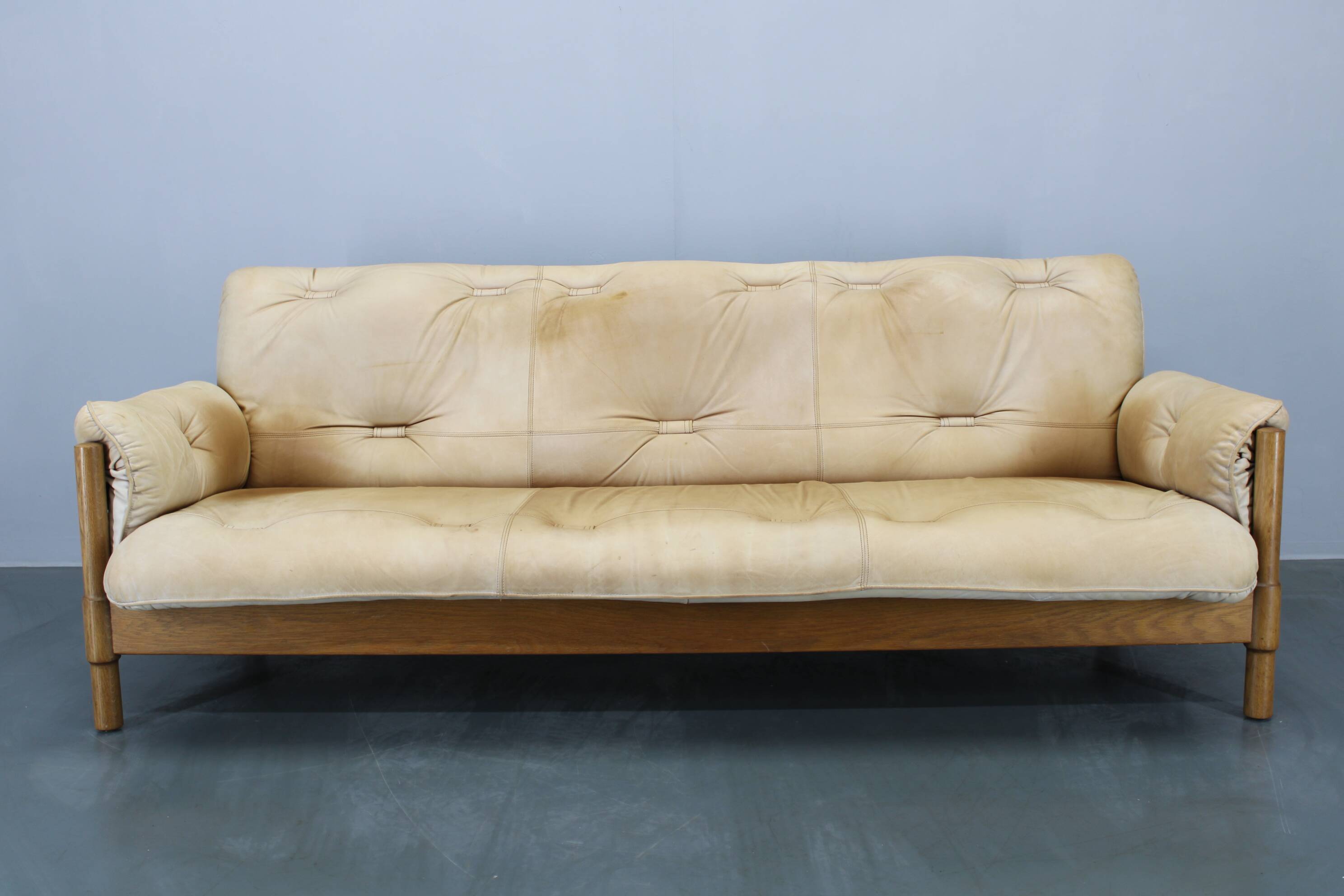 1960s Oak Scandinavian 3-Seater Sofa in Fine Leather Upholstery