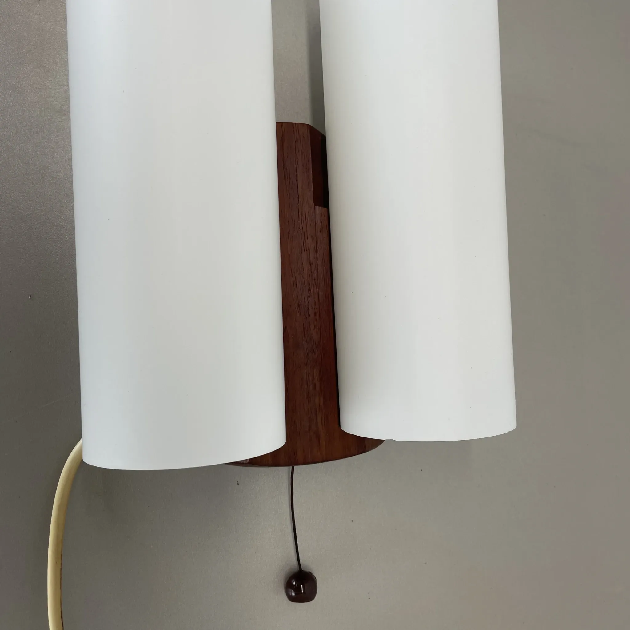 Minimalistic Wall Lamp from White Satin Glass and Teak Wood by LUXUS, Vittsjö, Sweden, 1970s