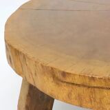 Wood coffee table, brutalist work, trapezoidal tripod base