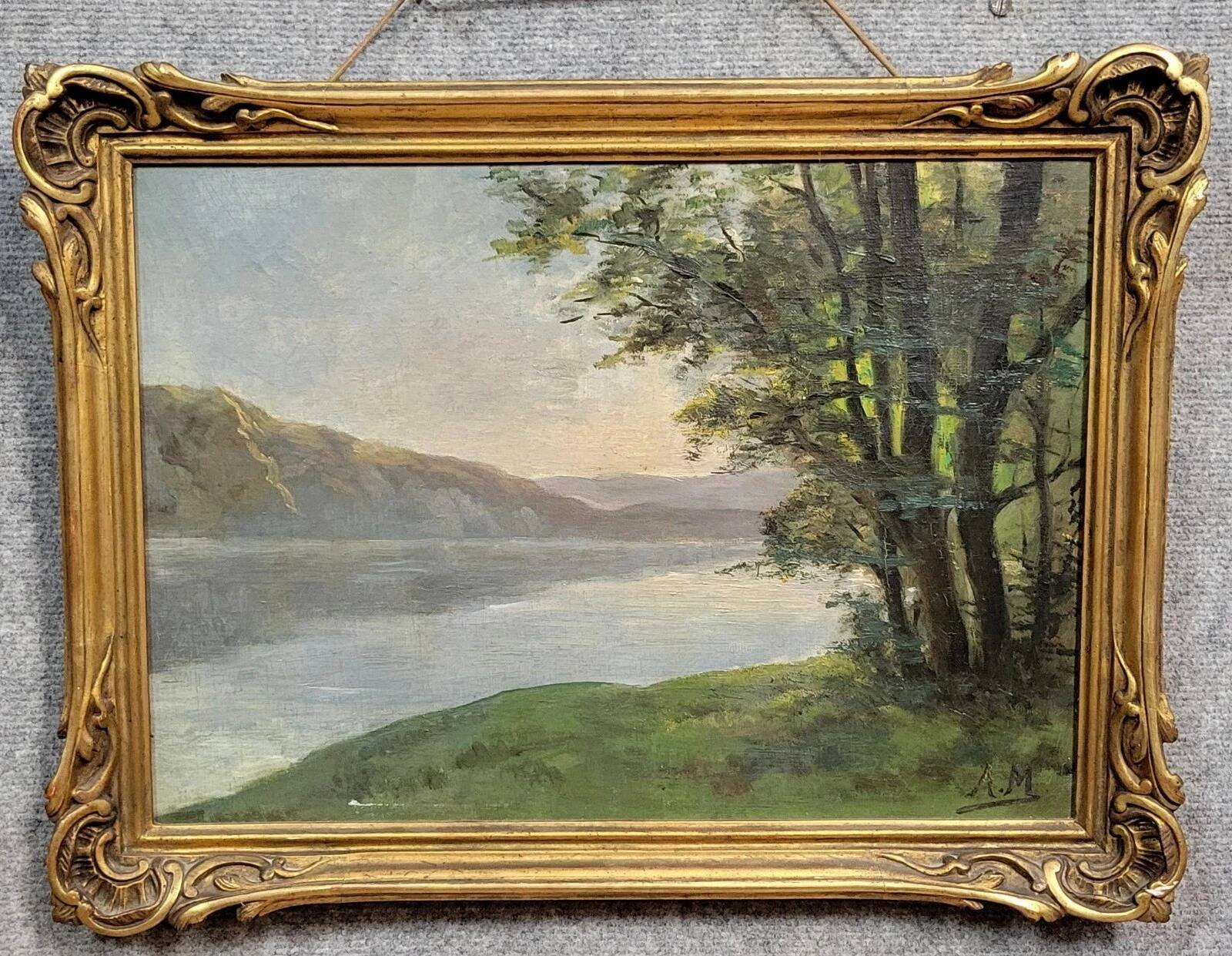 A Maury: oil on canvas painting view of Lake Annecy around 1920
