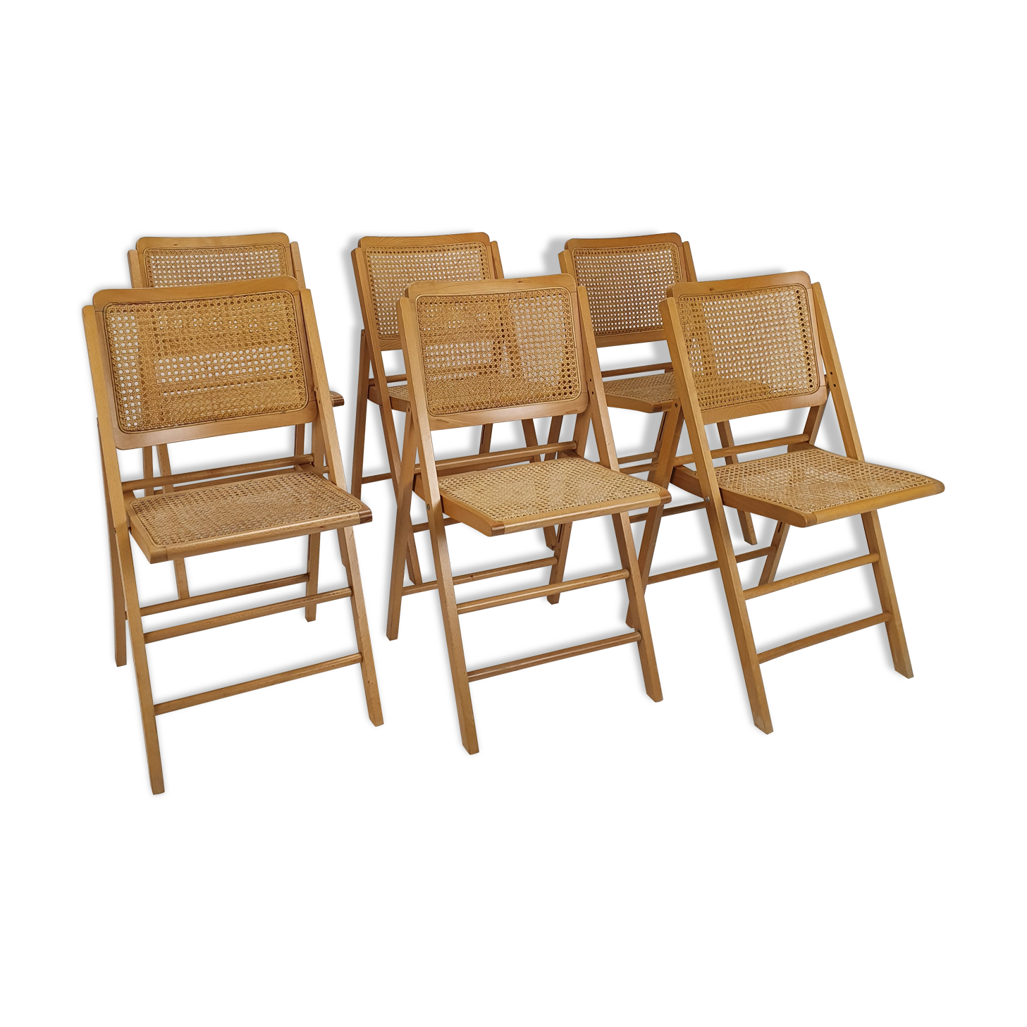 Set of 6 vintage birch and cane folding chairs, 1970s