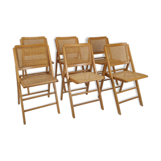 Ensemble de 6 chaises pliantes vintage de bouleau et de canne années 1970