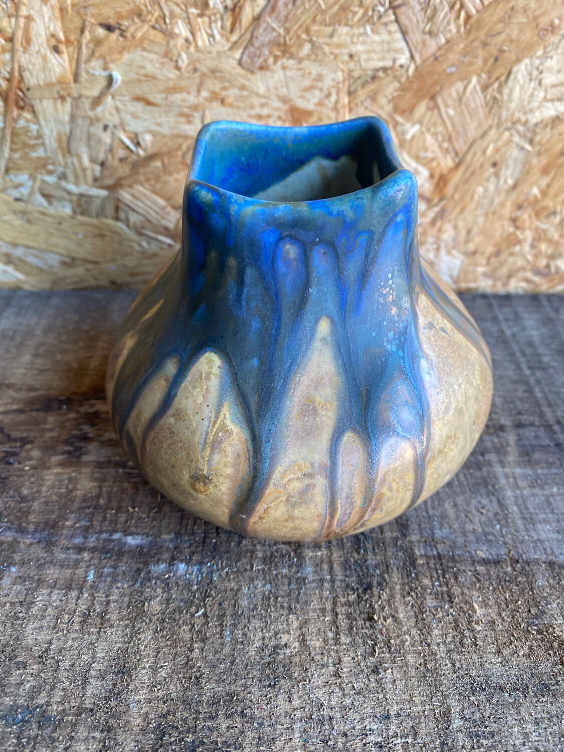 Ancient Vase GILBERT METENIER Beige Stoneware Blue Glazes Vallauris Vintage