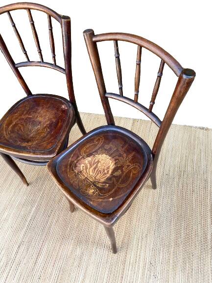 Pair of Thonet bistro chairs with flower decor, art nouveau