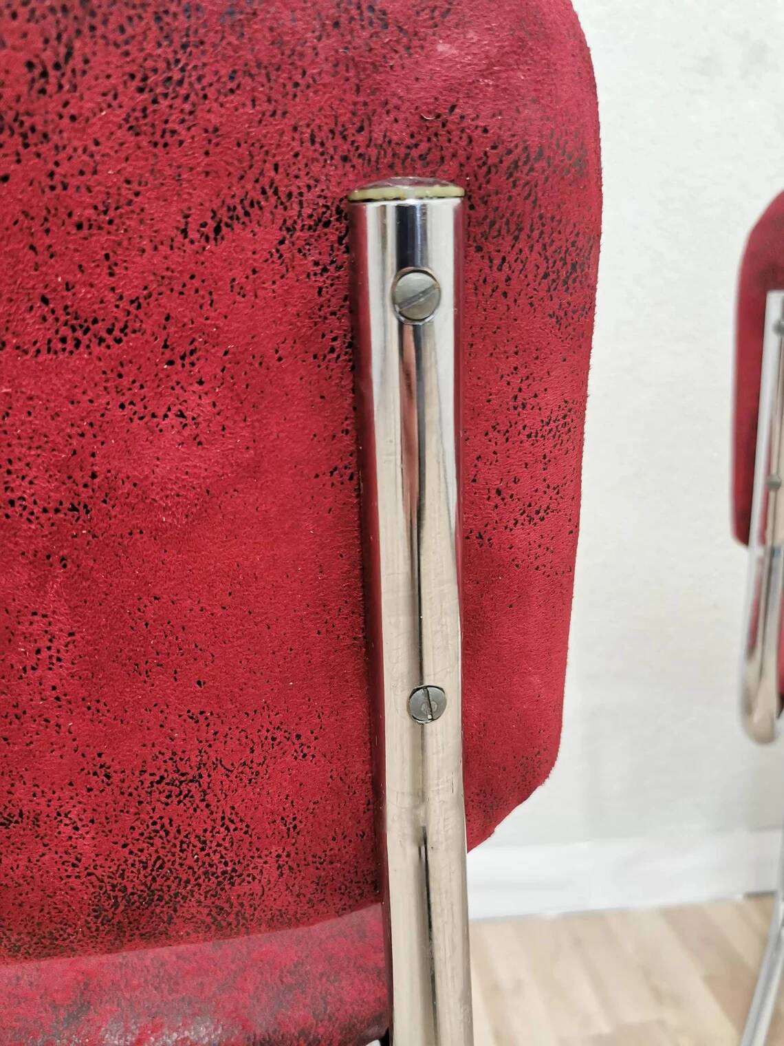 Set of 2 Dining Chair: Red Fabric, Tubular Frame, Retro 1970s