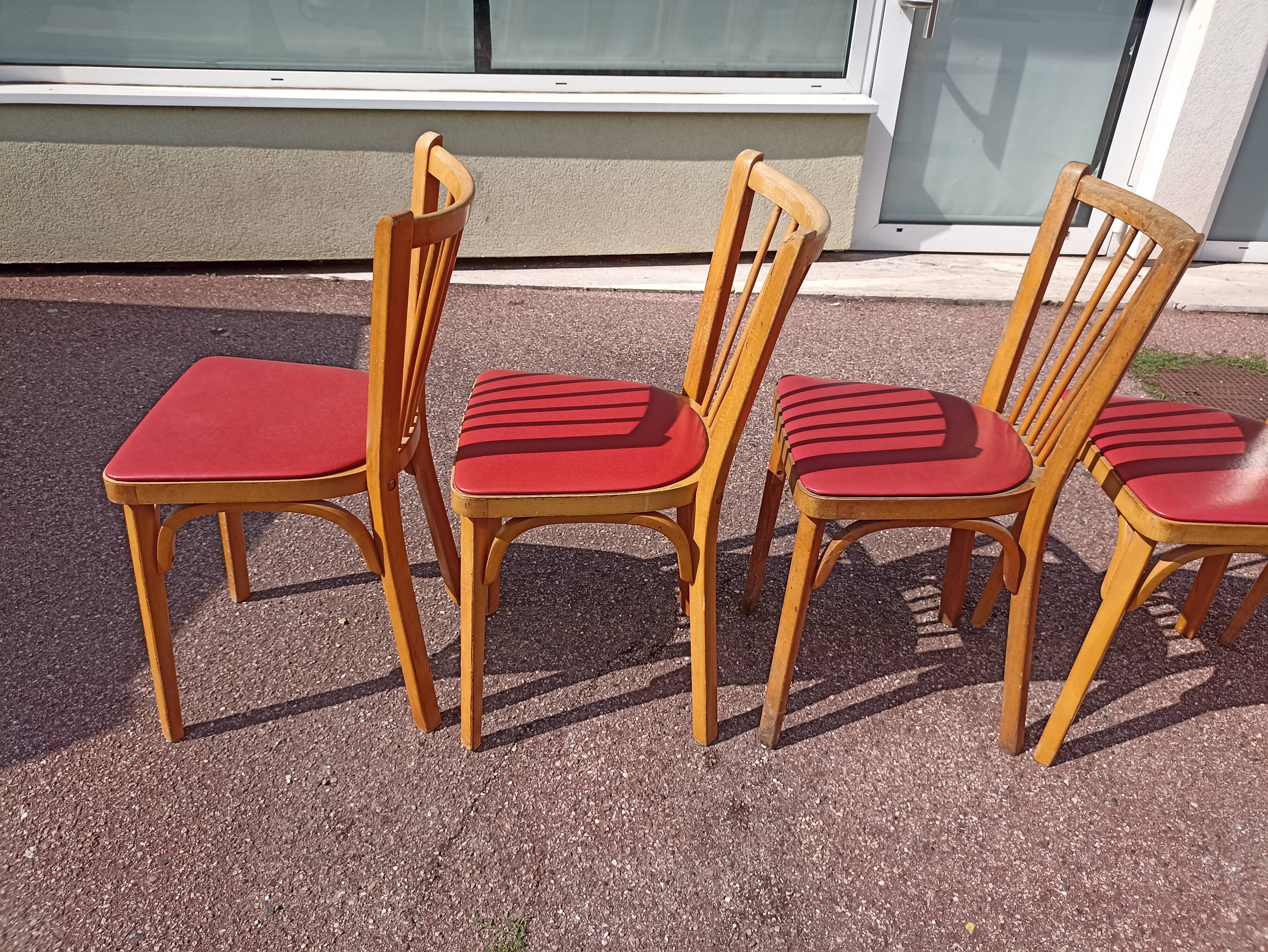 6 baumann bistro chairs wood and skaï red - vintage