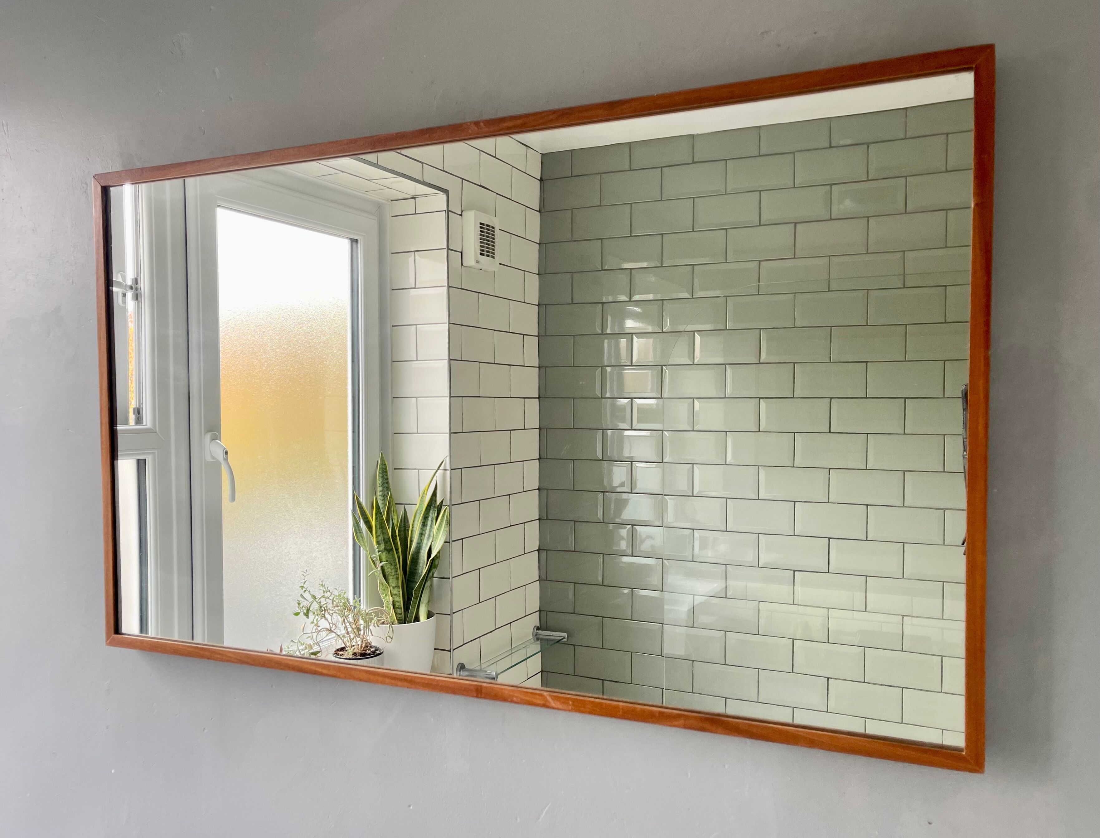 Vintage rectangular wall mirror teak frame