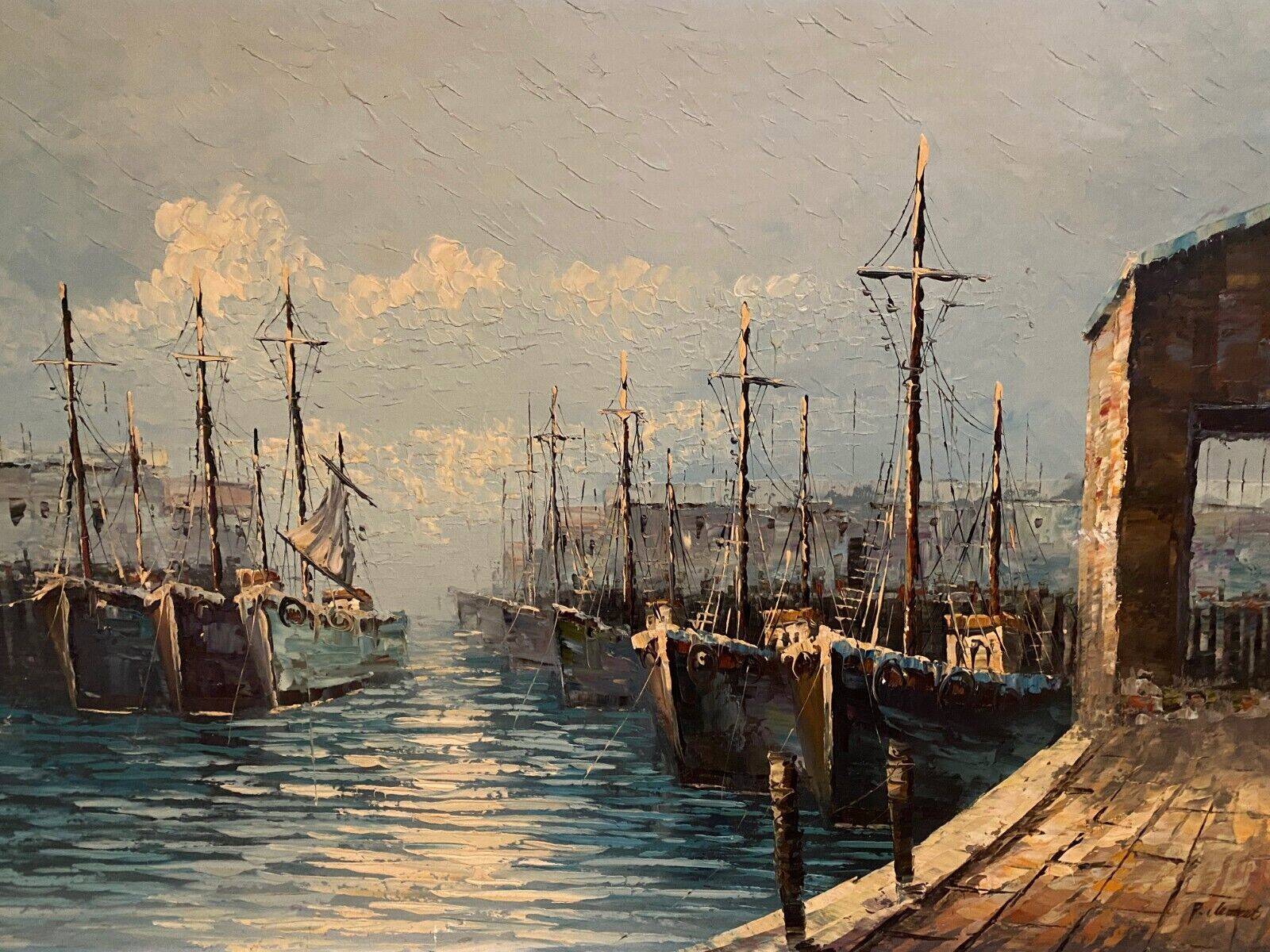 Oil on canvas mid-20th century marine boats at the quayside by P. Lemeut