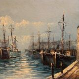 Oil on canvas mid-20th century marine boats at the quayside by P. Lemeut
