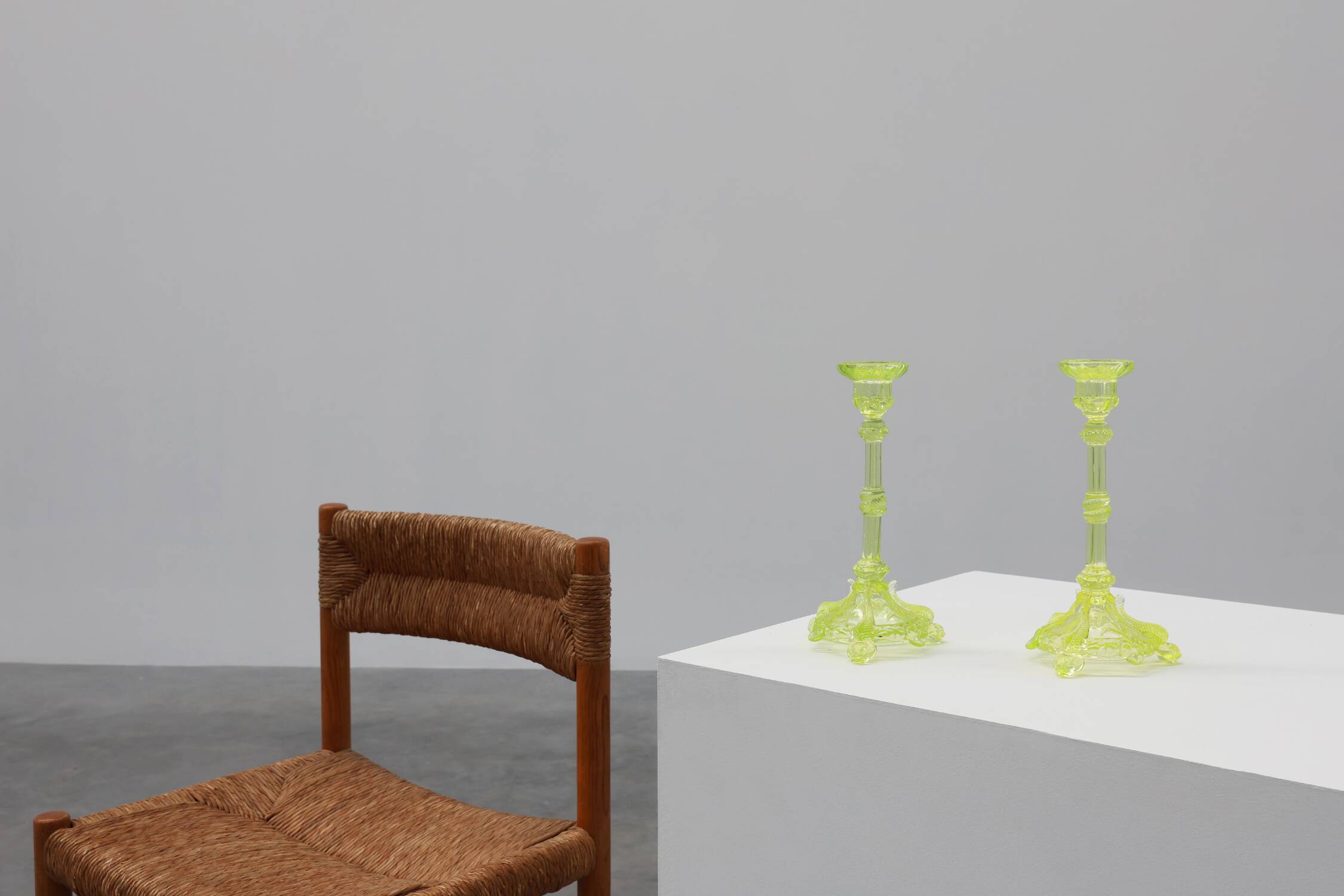 Pair Uranium or annagreen glass candlesticks by Vallerysthal & Portieux