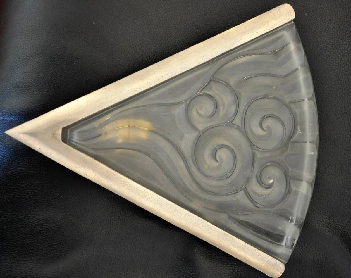 Pair of angular art deco wall sconces with silver metal frames