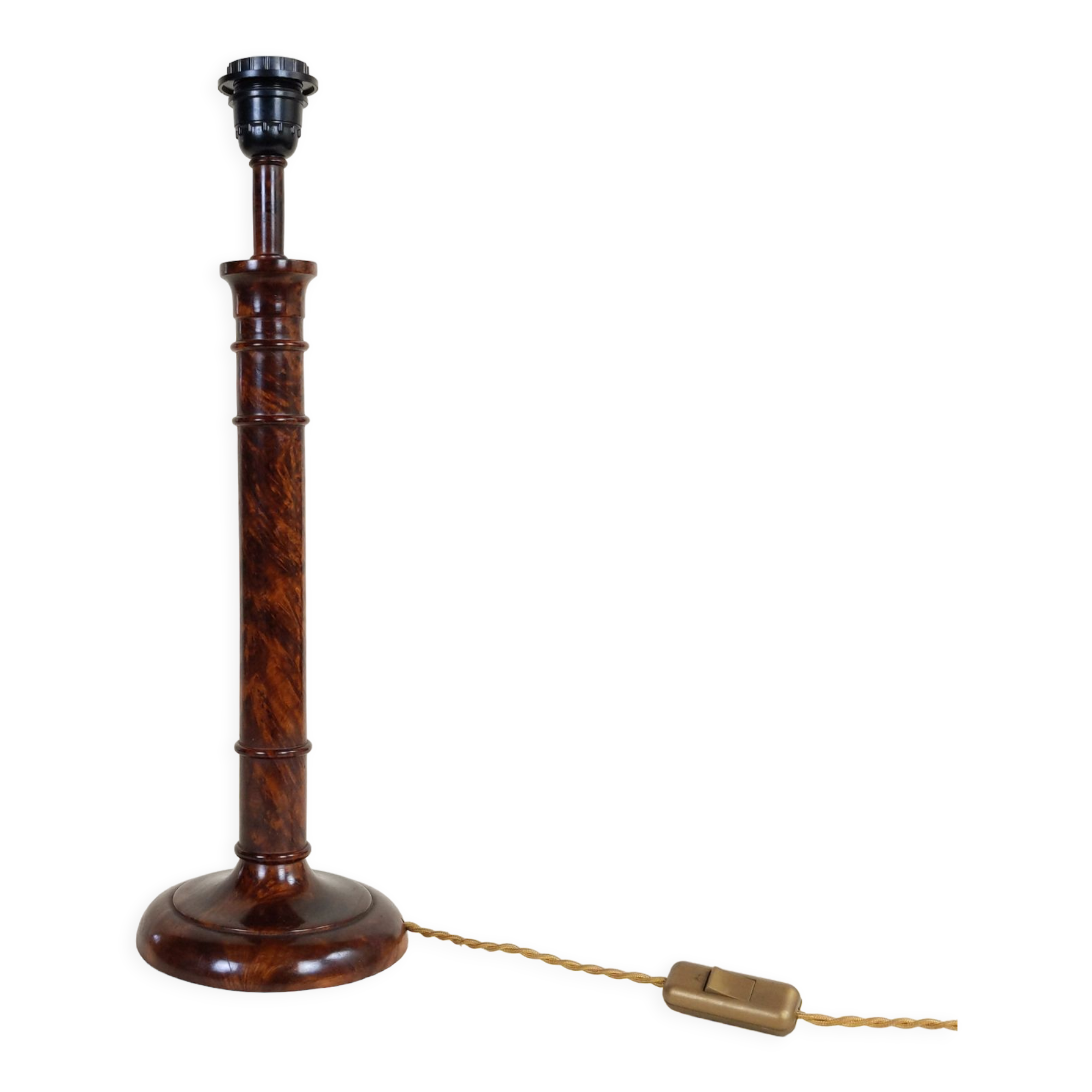 Hand-turned bramble wood lamp foot with golden twisted fabric cable