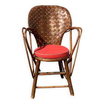 Fauteuil vintage années 1970 en châtaignier courbé tressé + coussin d’assis