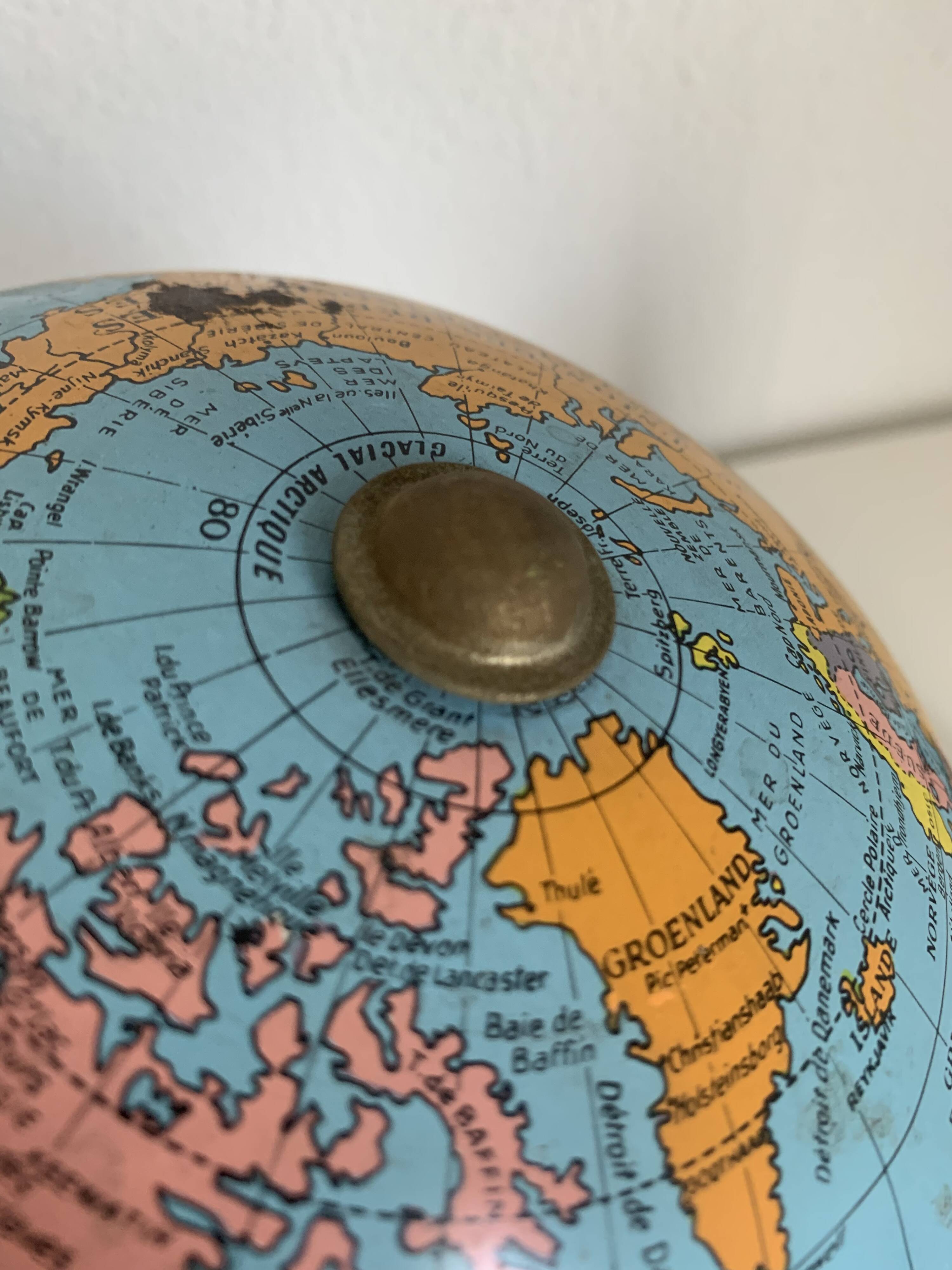 Globe vintage 1960 terrestre Taride tripode métal doré - 28 cm