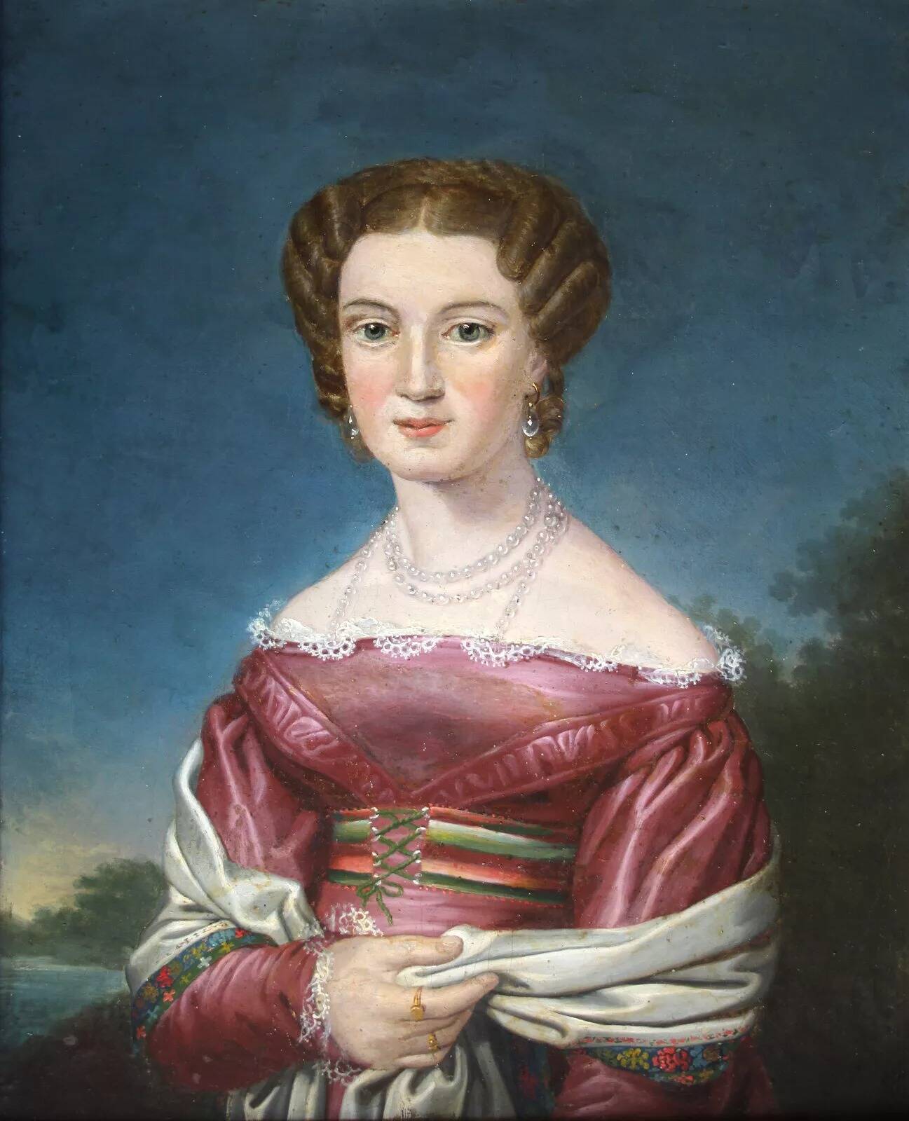 Antique Biedermeier Young Lady Miniature Portrait Painting