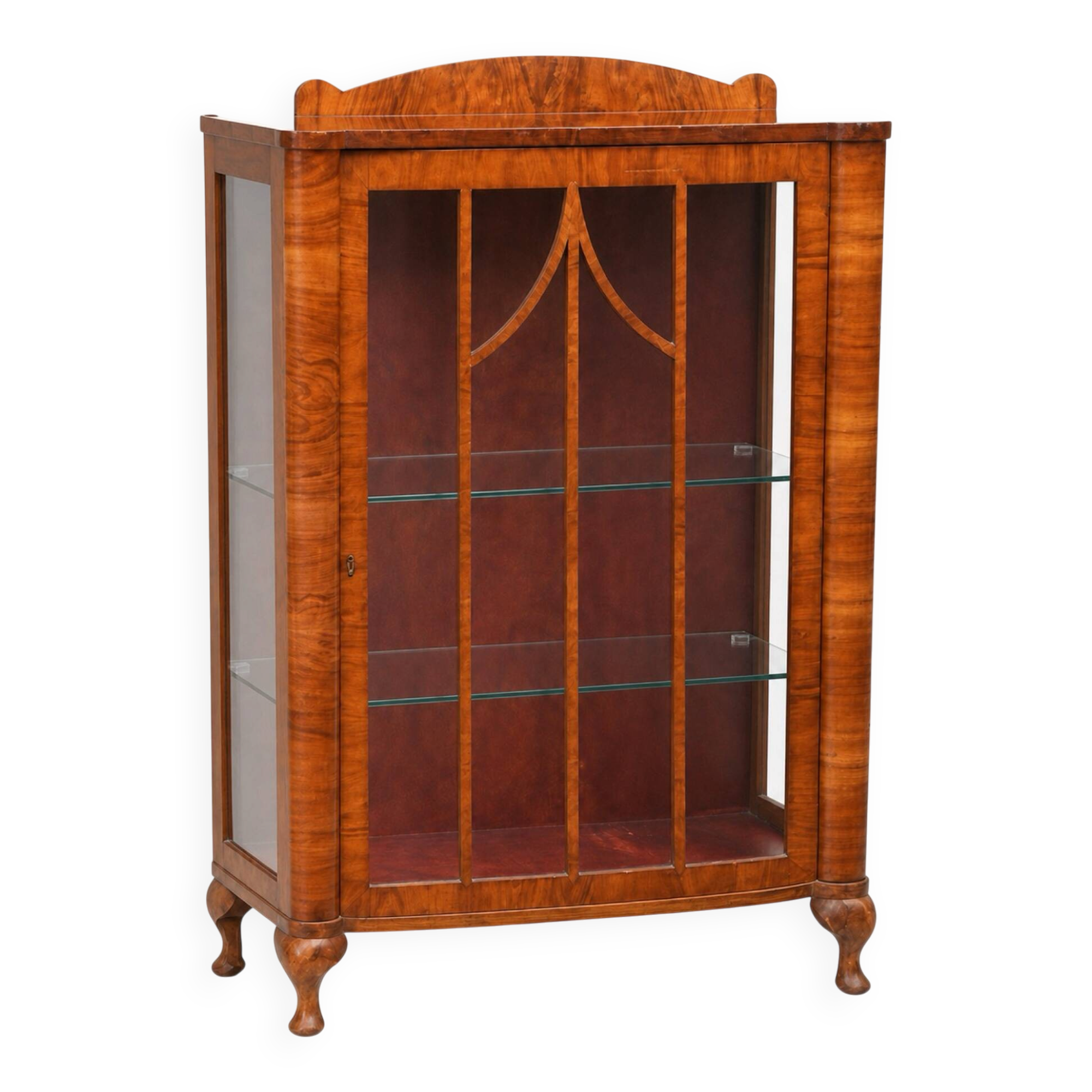 Antique English walnut display cabinet with glass sides in Art Deco style, 30s-40s.
