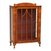 Antique English walnut display cabinet with glass sides in Art Deco style, 30s-40s.