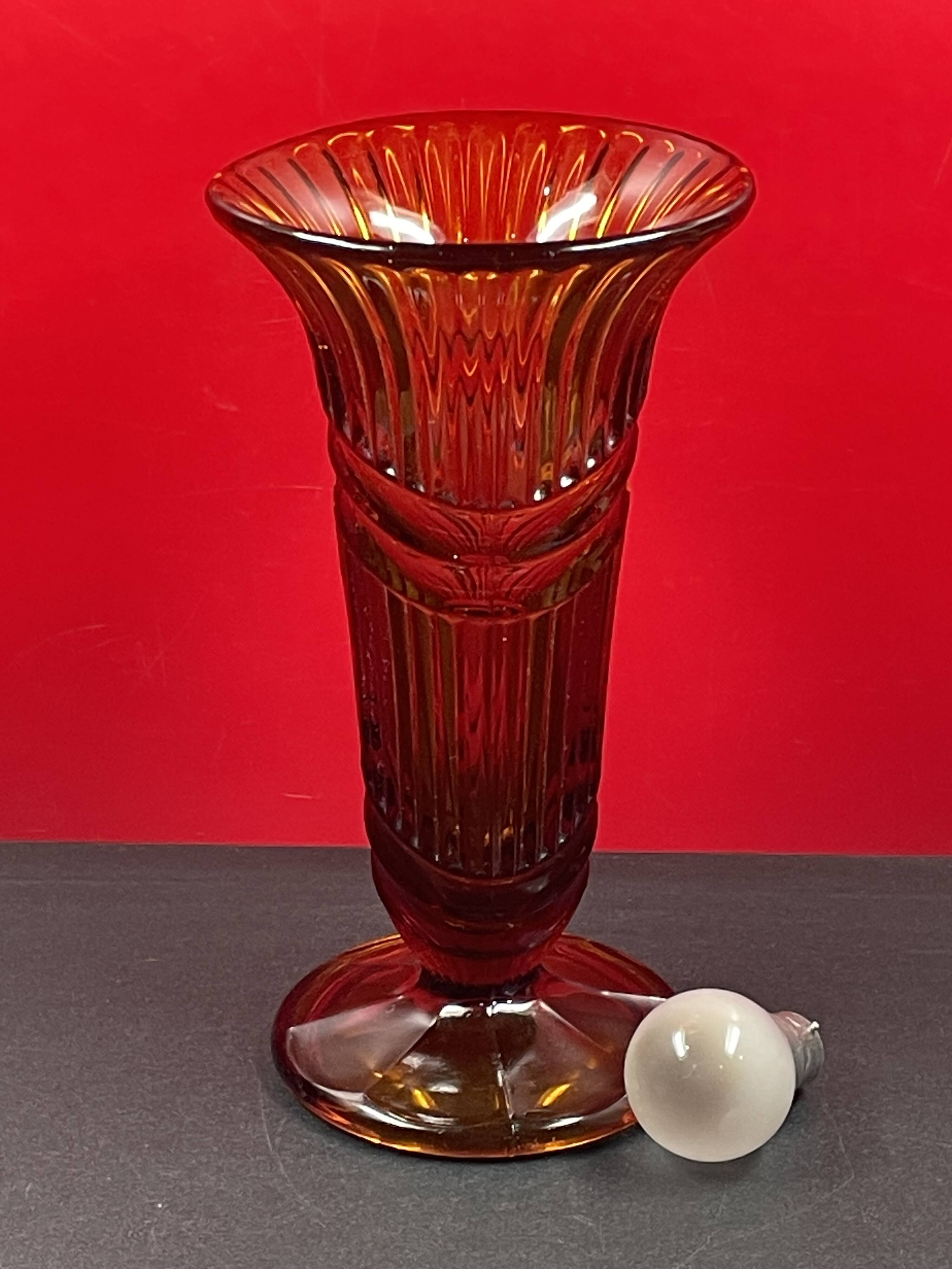 Art Deco Pressed Glass Vase Amber Color 25.3 cm