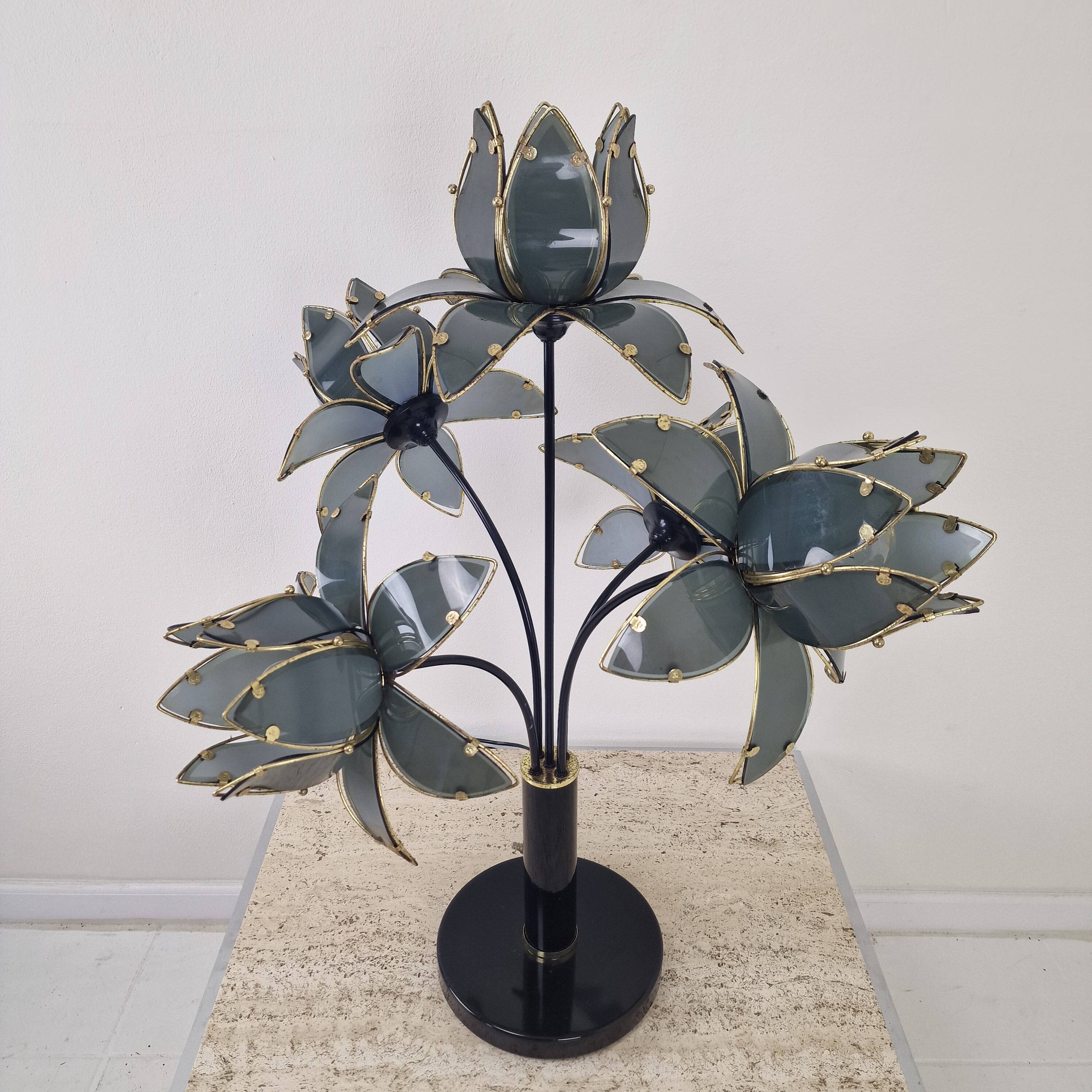 Hollywood Regency 5-Light Lotus Flower Table Lamp in Smoked Glass, 1980's