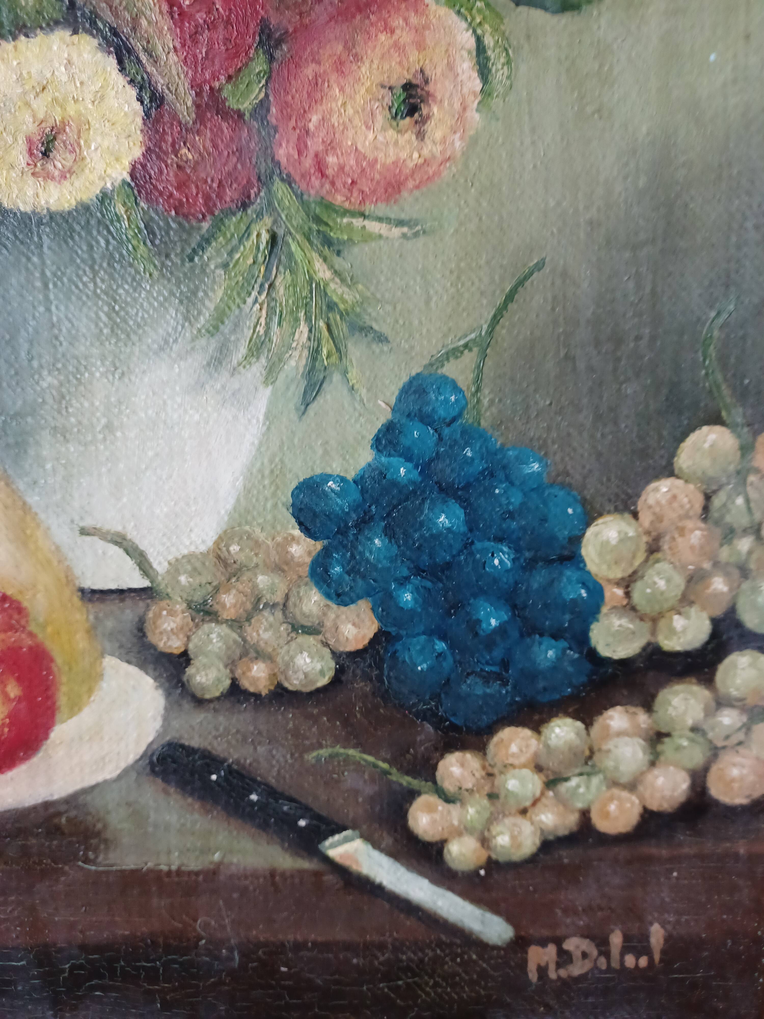 Nature morte fleurs et fruits peinture sur toile signé