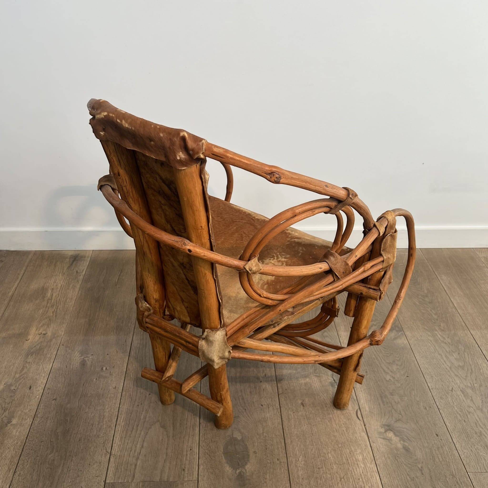 Organic Modernist Armchair in Rattan and Cowhide, Italian Work, A