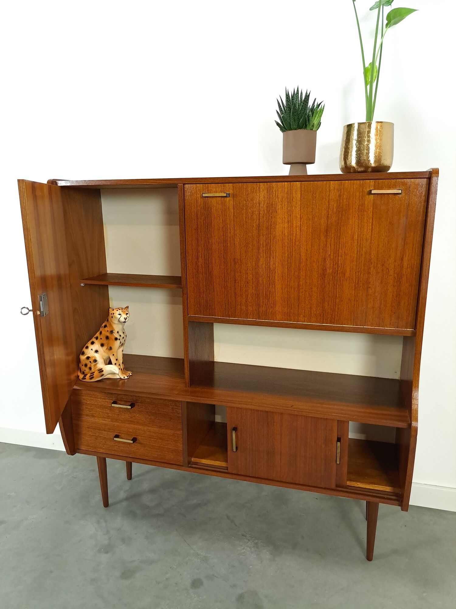 Teak veneer wall cabinet with flap, bar cabinet vintage