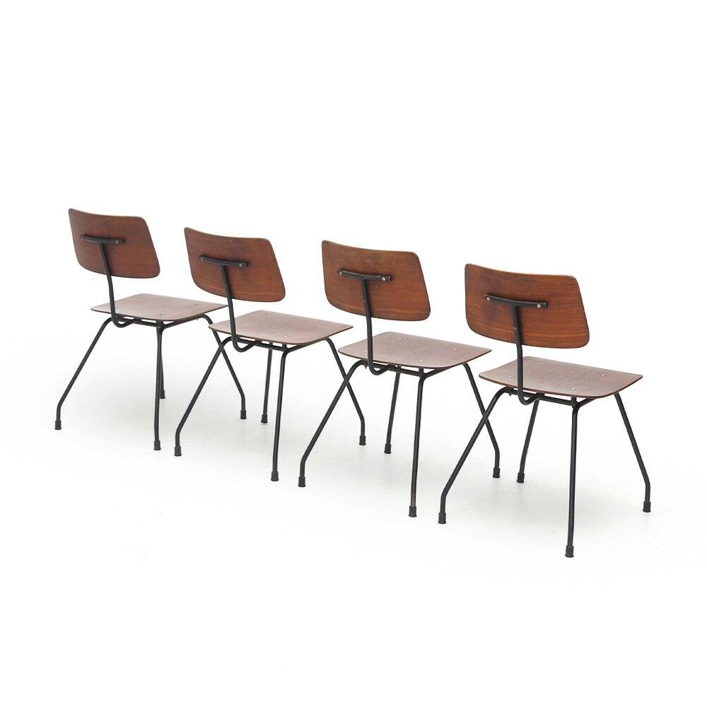 Curved plywood and metal chair, 1950s, set of 4