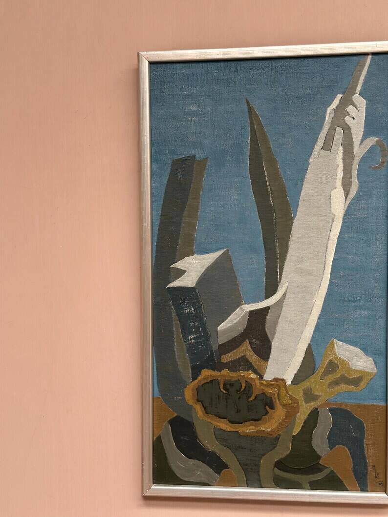 Original Swedish Oil on Canvas – "Aqave" by Marit Wahlström Schönbäck – Signed – Dated 1969 – Framed – 37 × 64 cm
