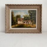 Old oil painting on cardboard landscape with house signed