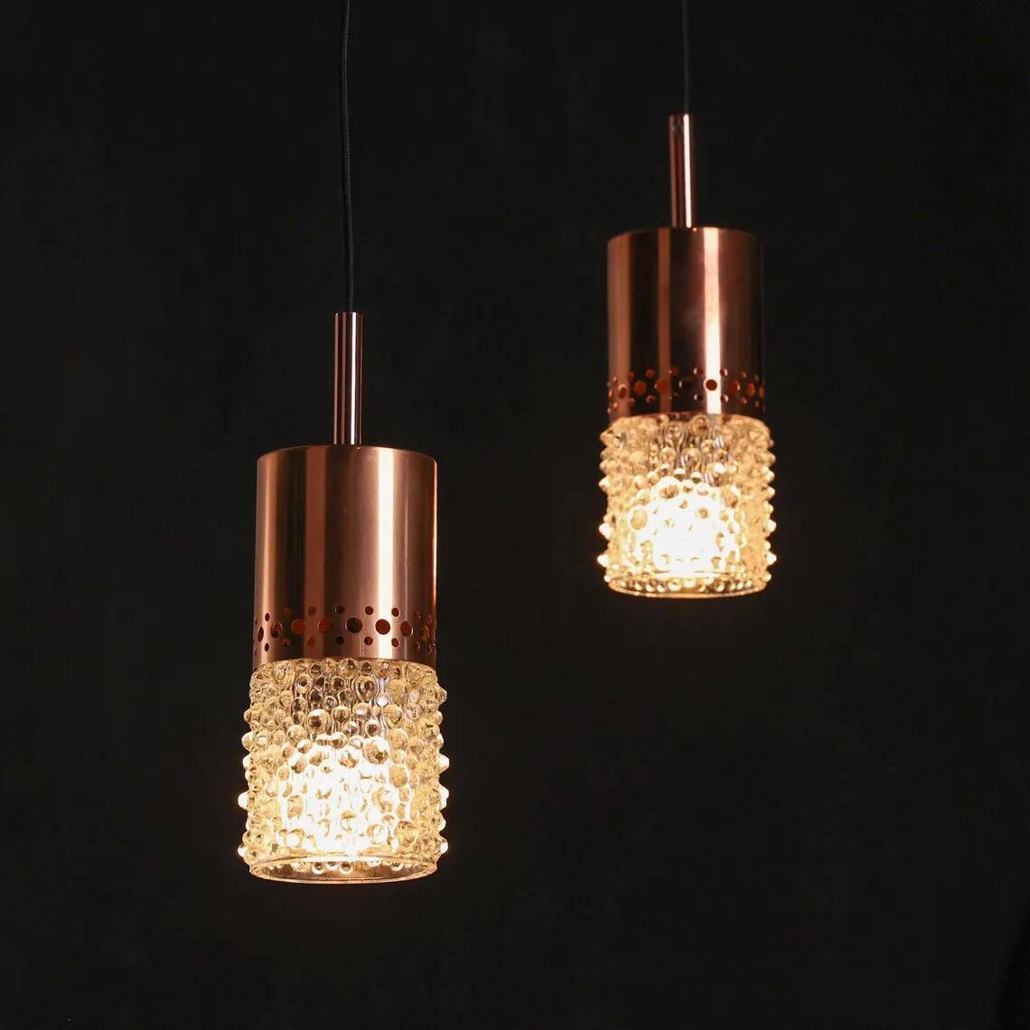 Set of 3 copper and bubble glass pendant lights by VEB NARVA Leuchten, ann
