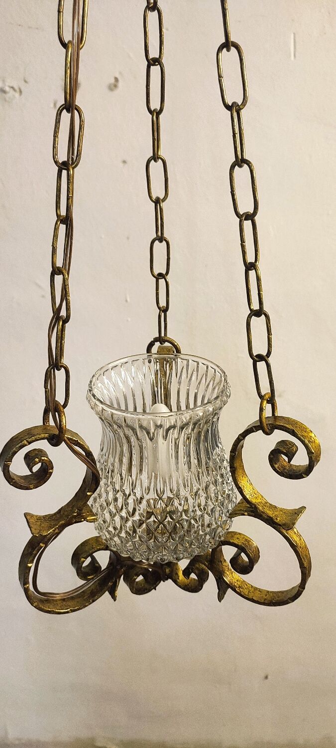 Ceiling lamp wrought iron and glass Spain, 1970s