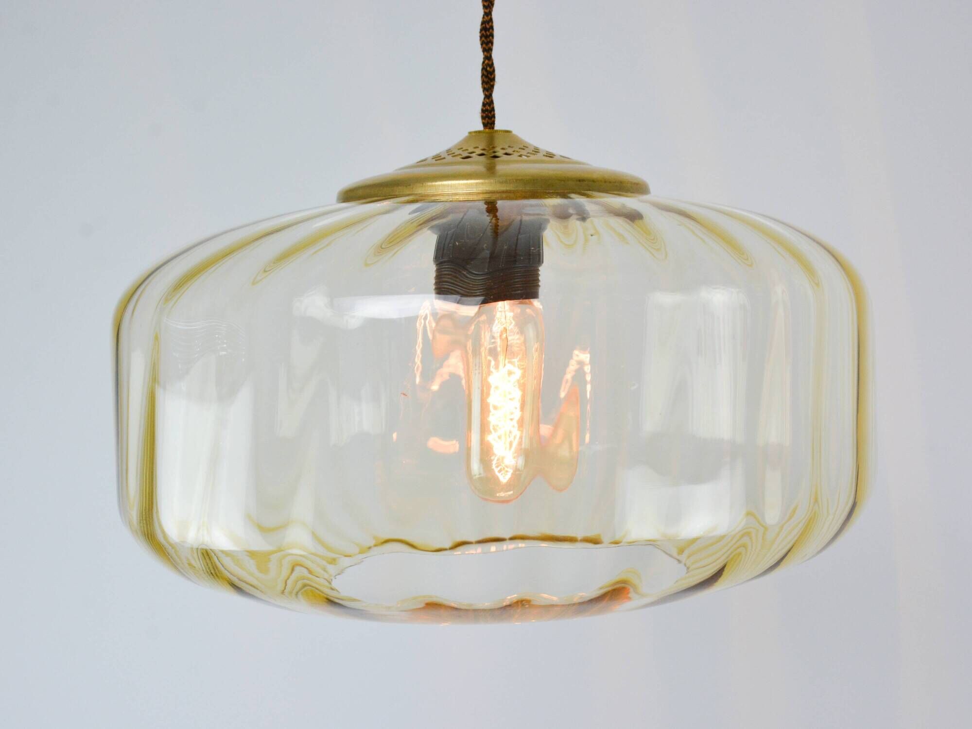 Vintage Light Beige Glass and Brass Pendant Lamp