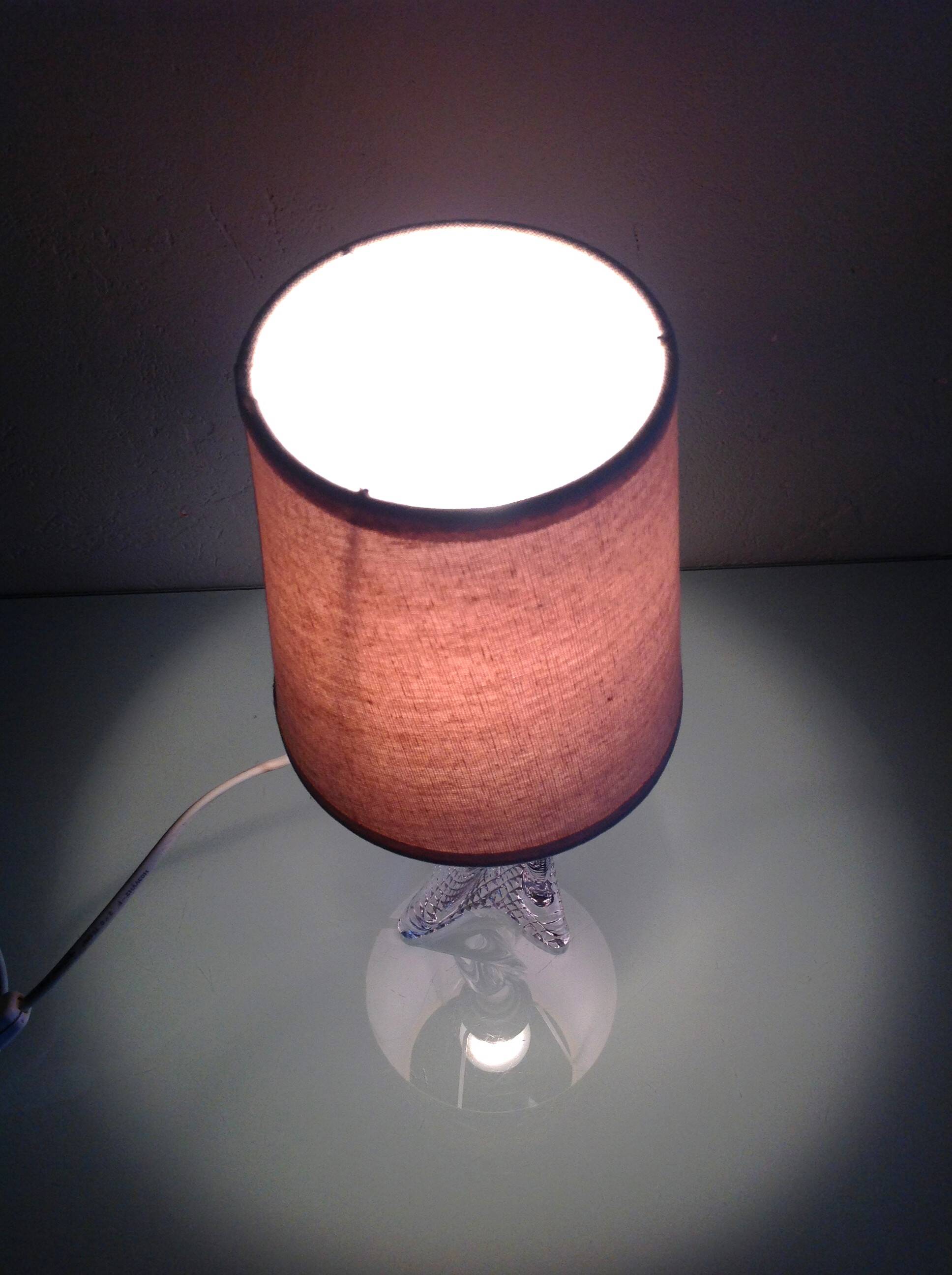 Bedside lamp with glass base and beige fabric lampshade / vintage 60s-70s
