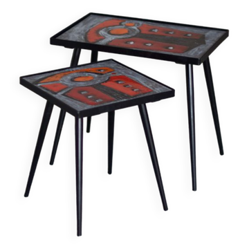 2 nesting varnished ceramic coffee tables - the brothers jean & robert cloutier 1950