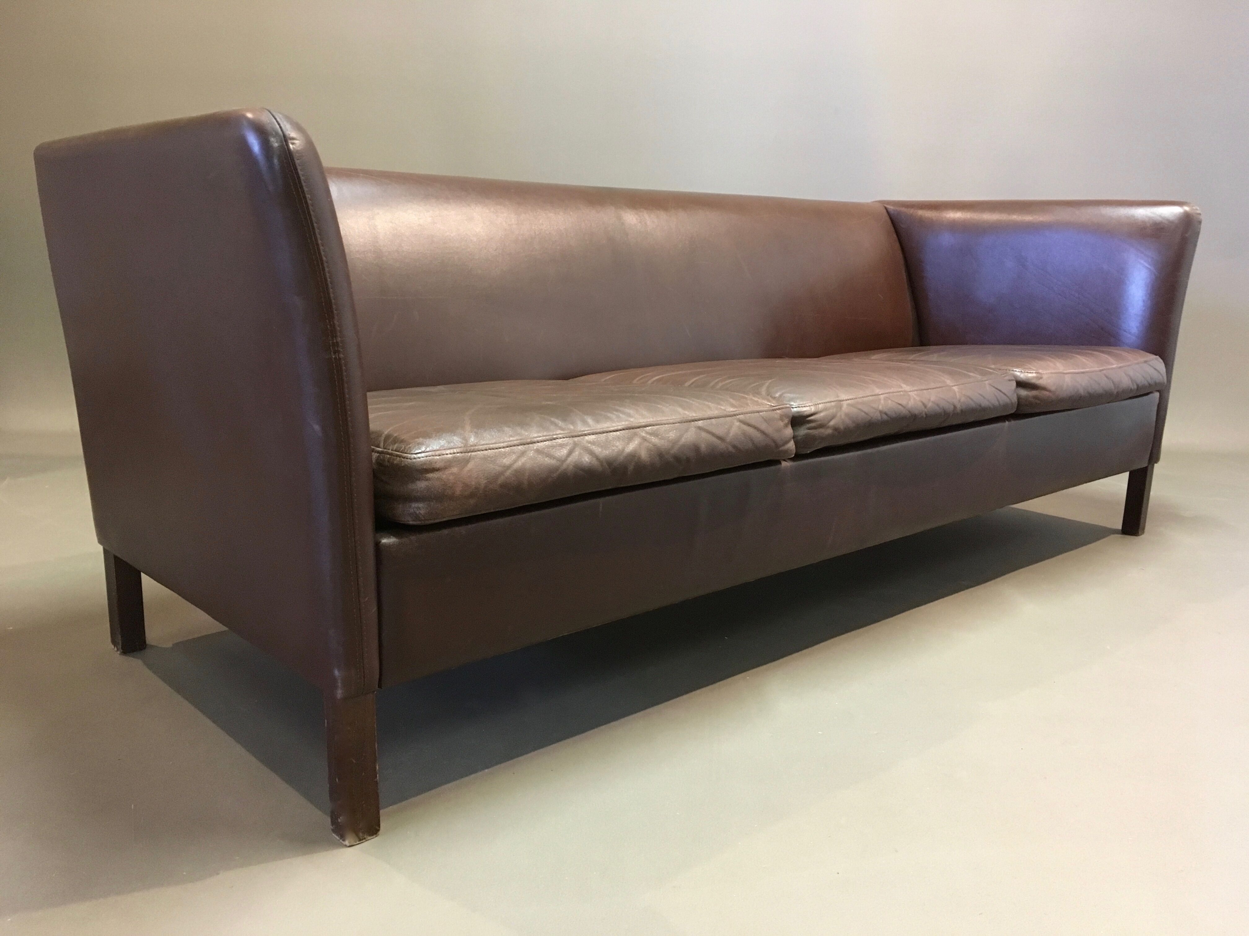 3-seater brown leather sofa Scandinavian design 1960.