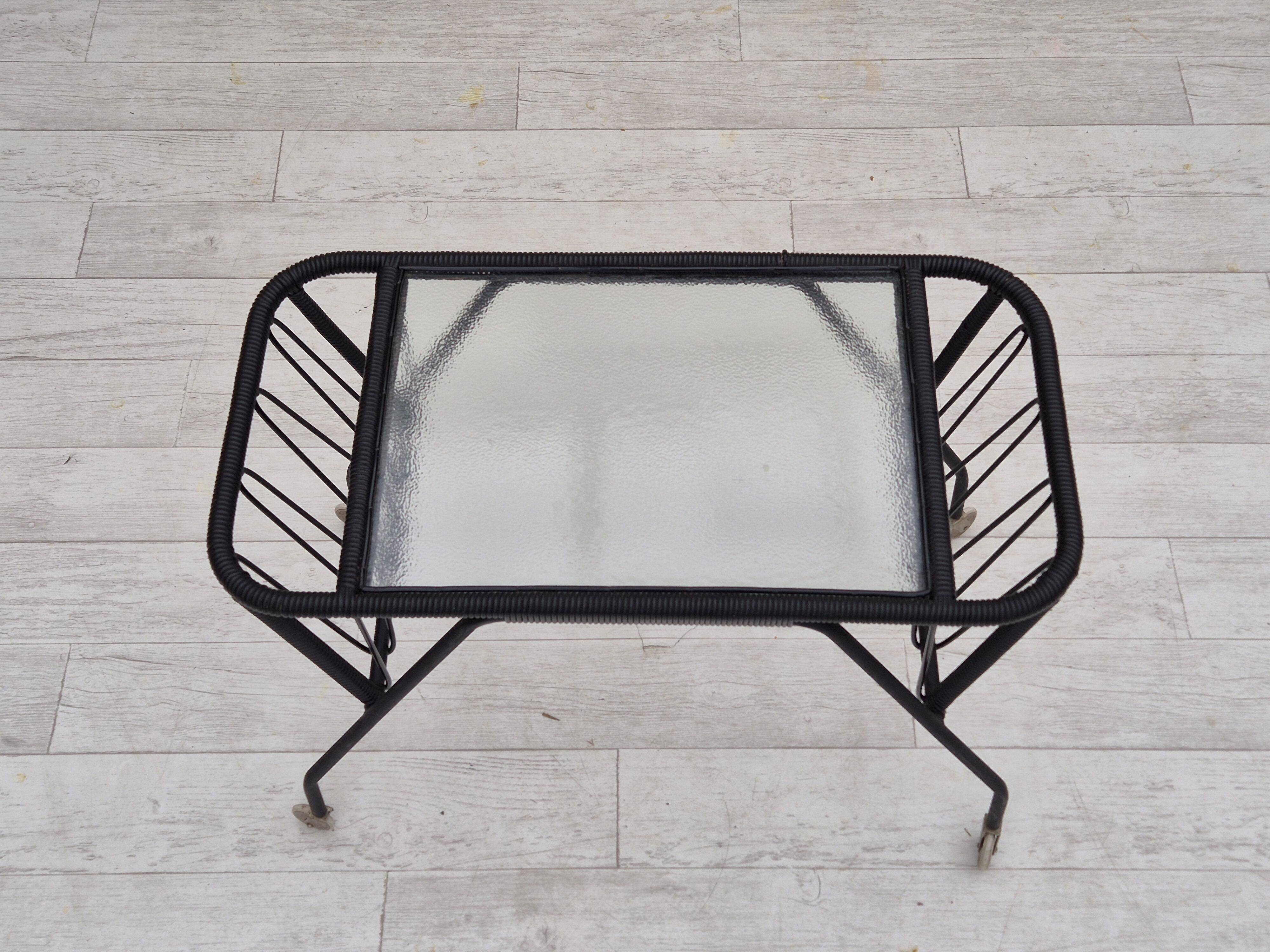 1970s, Scandinavian side table, original condition, glass, wood, metal, plastic rope.