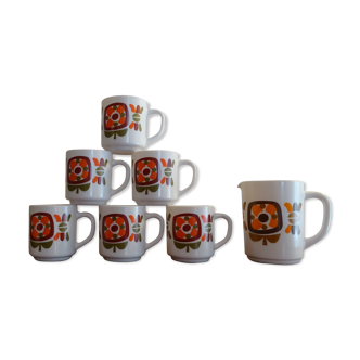 Lot 6 cups / mugs and pitcher vintage 1970 Arcopal