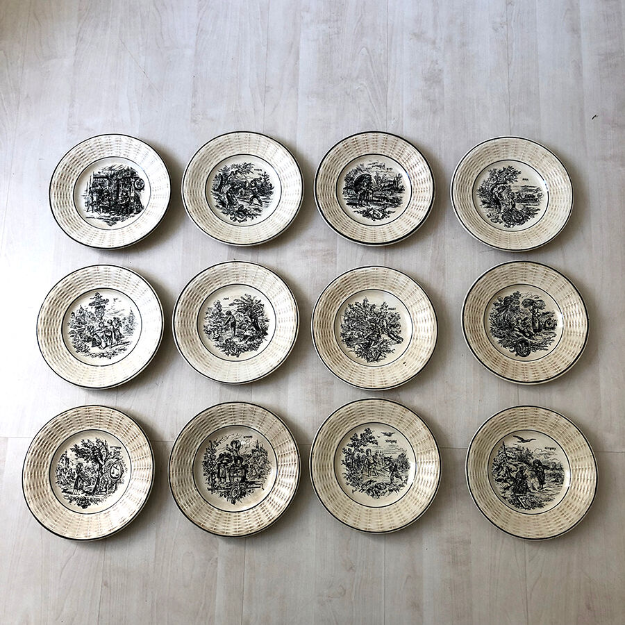 Set of 12 "Les Mois" dessert plates by Digoin Sarreguemines
